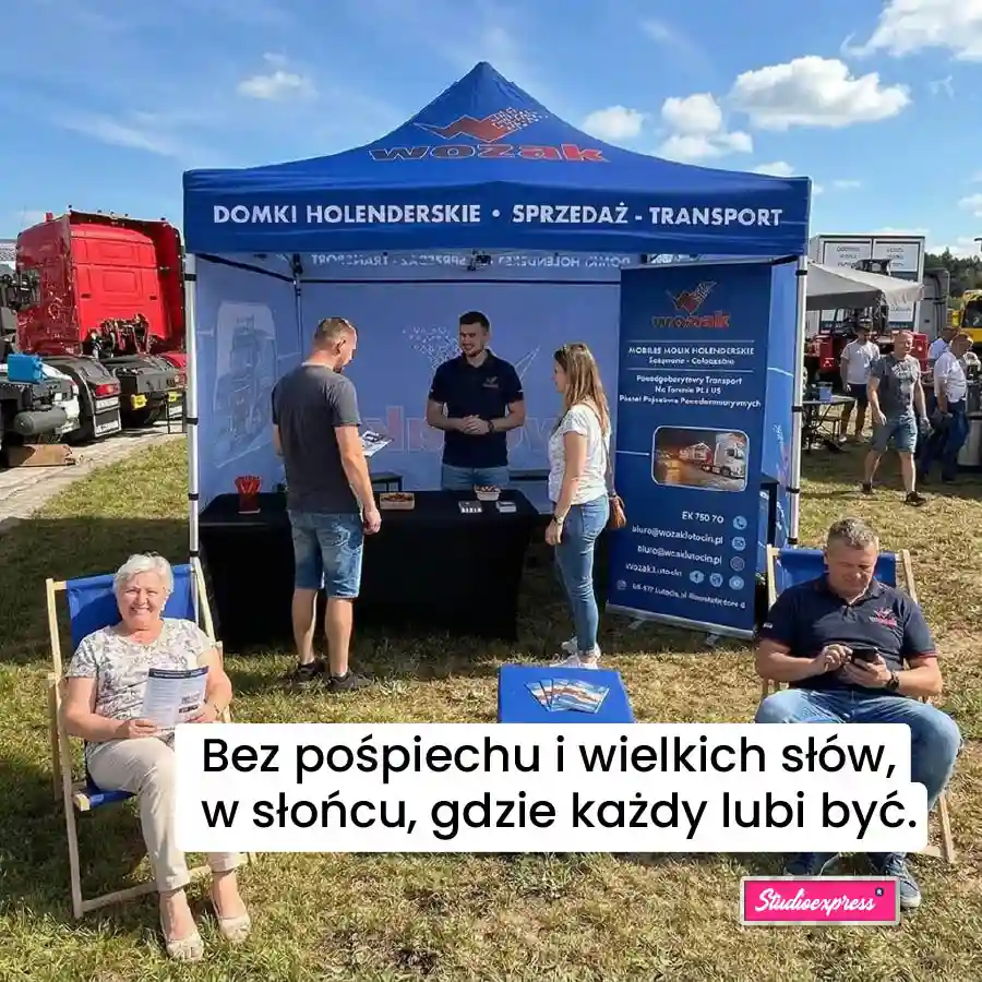 Namiot stelażowy Orient Express 3x3 w zestawie z leżakami i roll-upem dla firmy Wozak