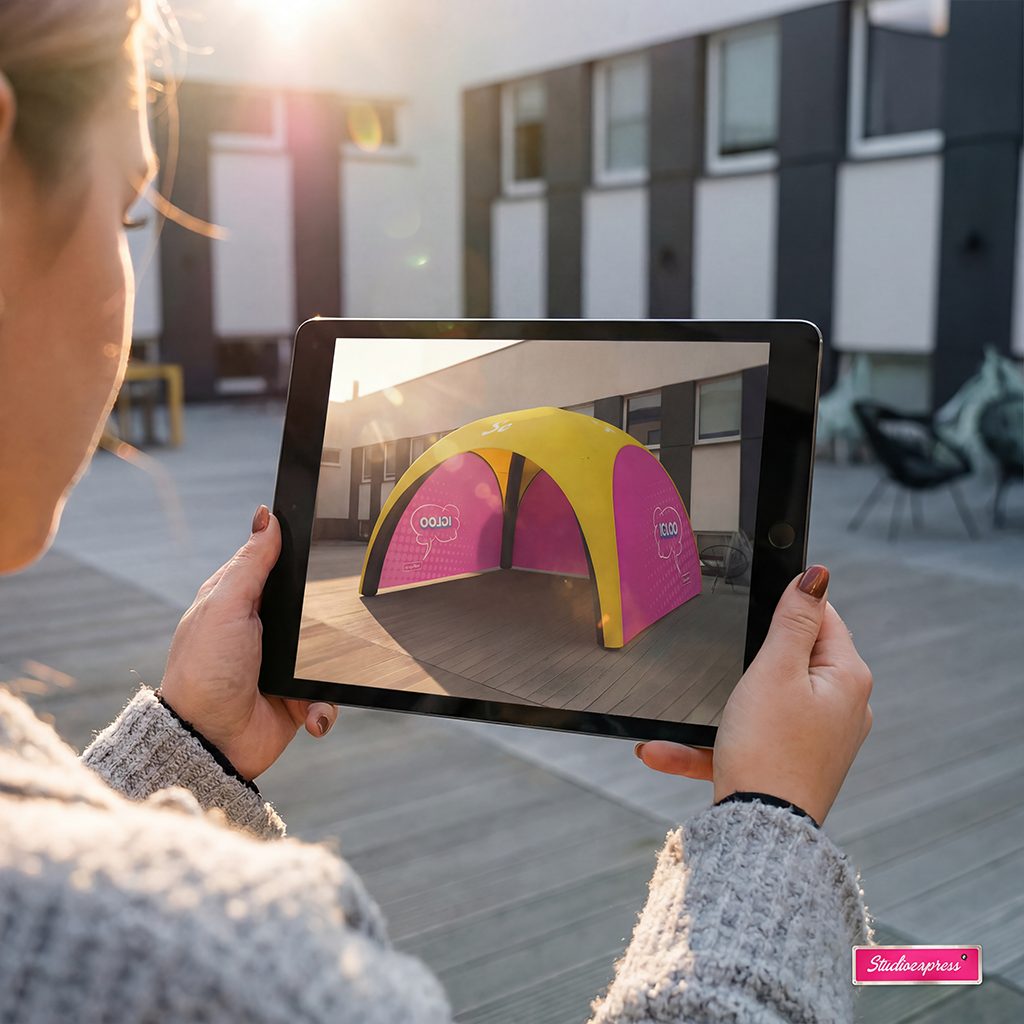 Namiot stałociśnieniowy Igloo Star 6x6 na tablecie w trybie AR 3D